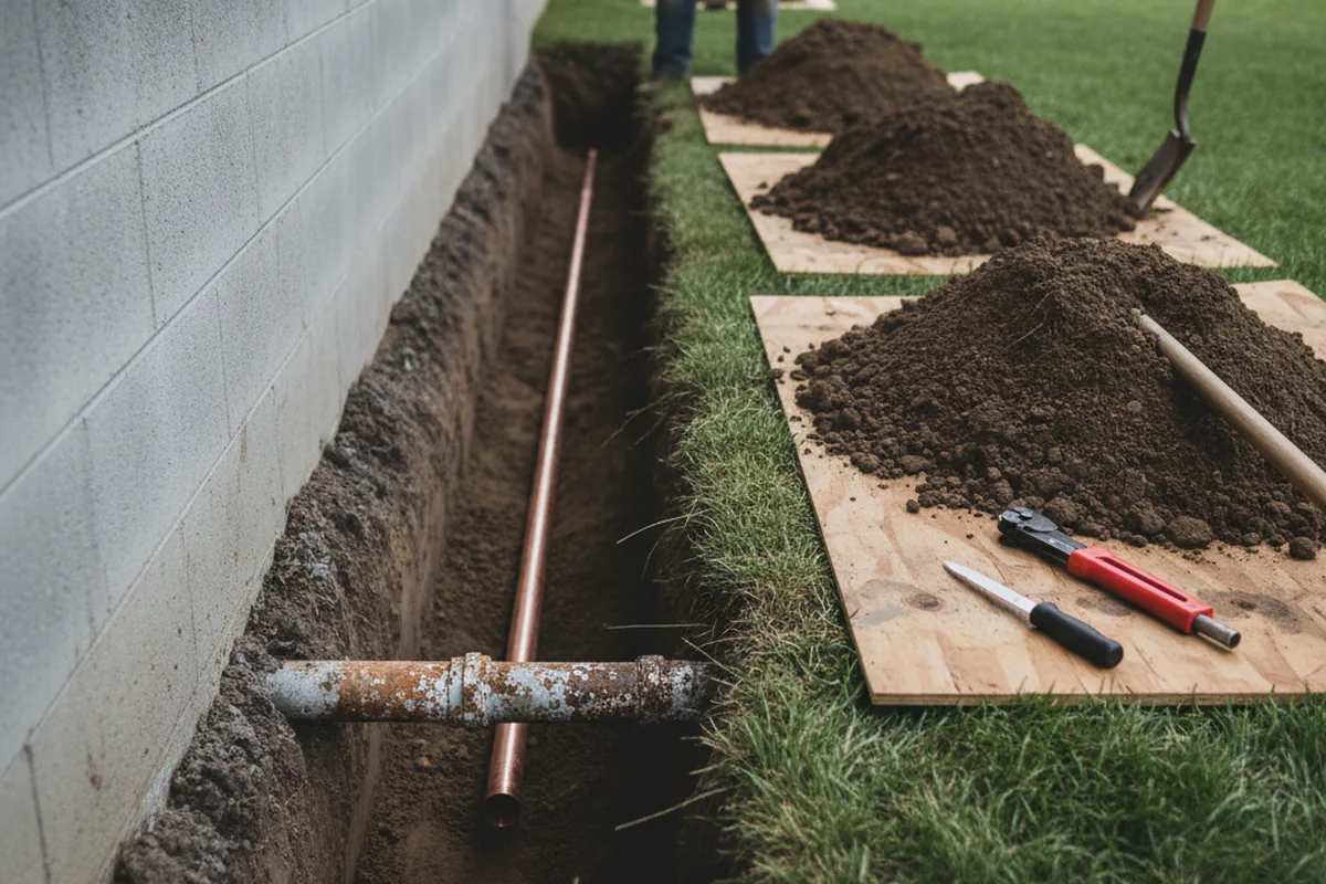 Excavated water line trench during Sewer Line Repair in Vernon